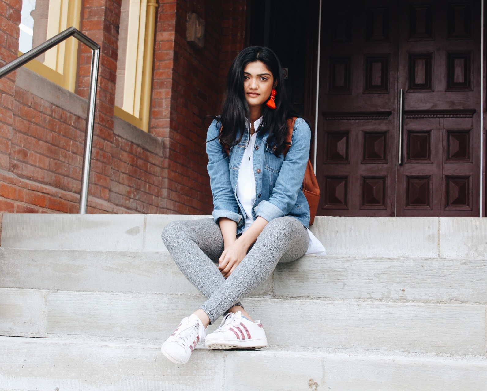 Fashion Humber Students, Campus Street style, Statement earrings, H&M, Zara pants & shirt, Adidas sneakers